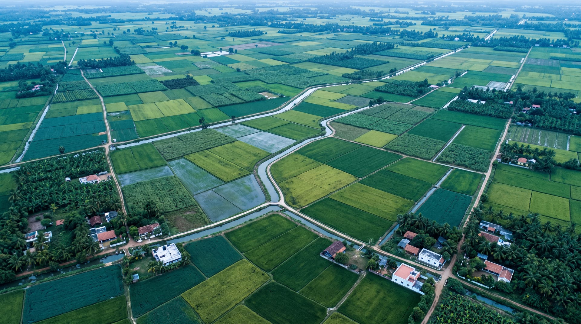 Aerial view of geometric farmland and irrigation channels