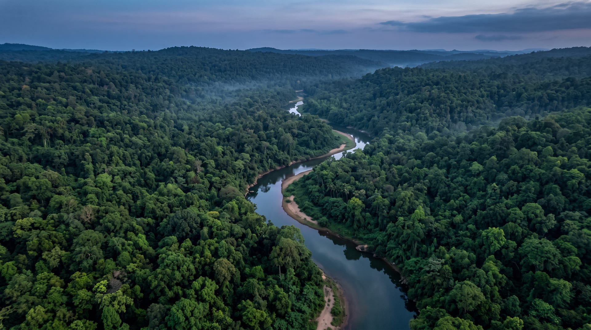 Aerial view of forest canopy split by a winding river