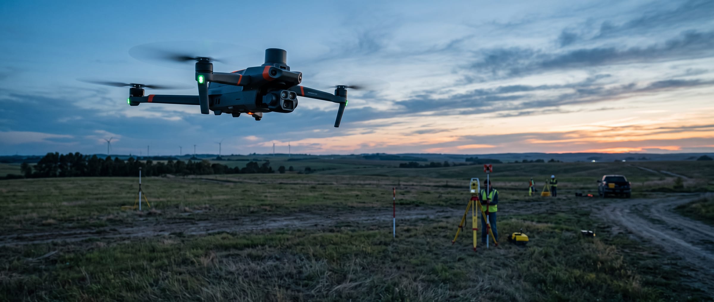Survey drone in flight over an active mapping site