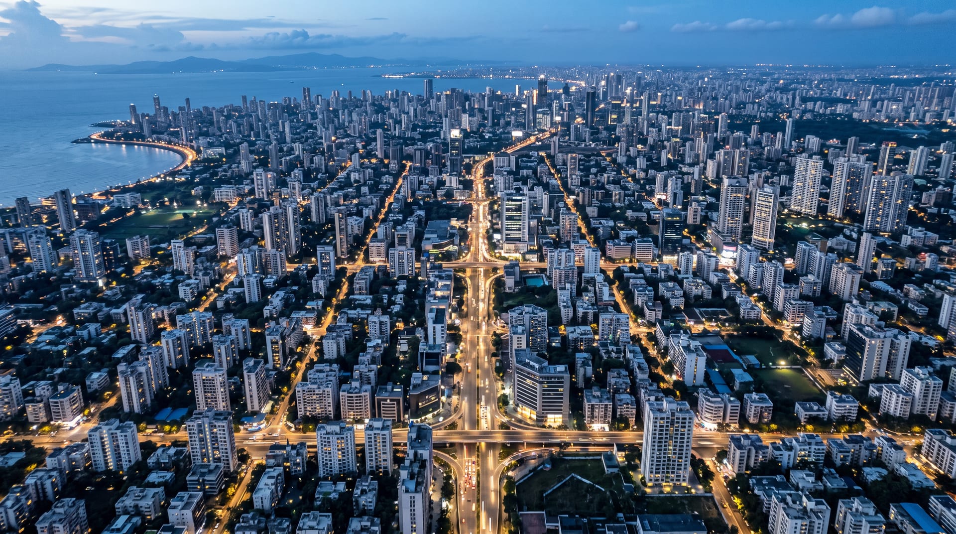 Aerial view of a dense city street grid