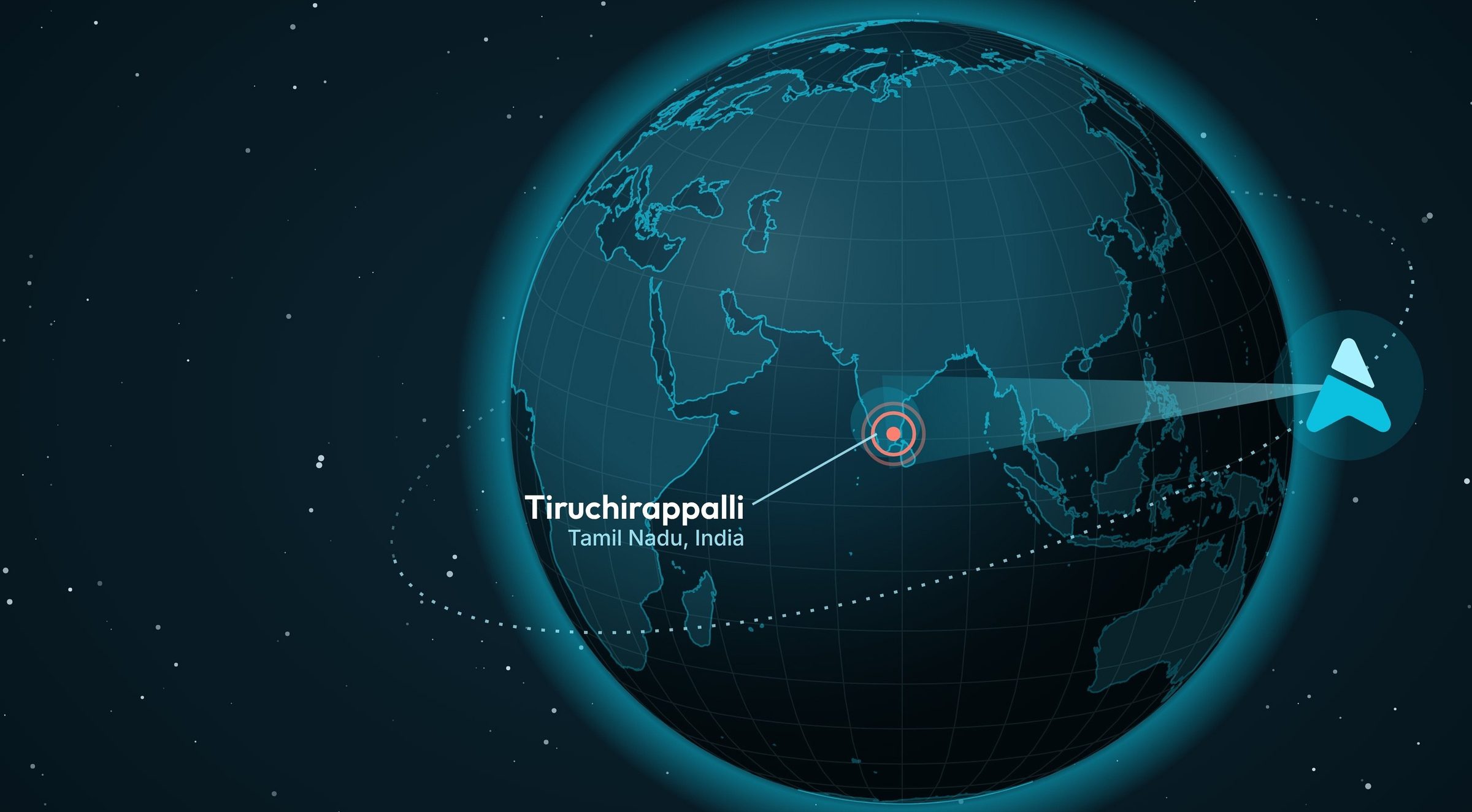 The Earth from orbit with Tiruchirappalli, Tamil Nadu, marked on India