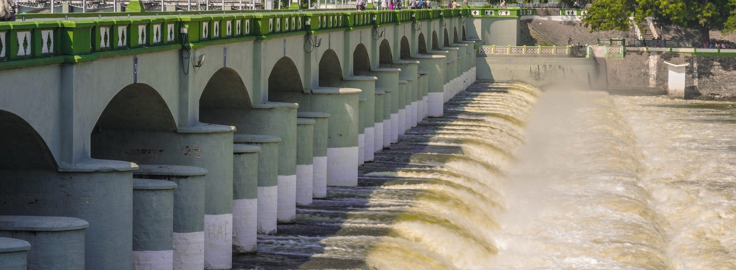 Water pouring through the arches of the Grand Anicut (Kallanai) on the Kaveri